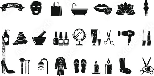 Black beauty icons set with spa wellness elements skincare products salon tools makeup accessories and self care symbols for graphic design
