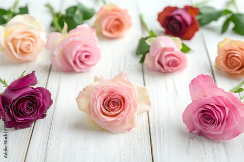 Bouquet of pink and purple roses on a wooden table.