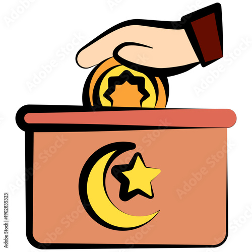 Charity Box Outline Color Hand Drawn Icon, Mini Illustration For Modern Concept, Print, Ui, Ux Kit, Web And App Development. Vector Related To Ramadan, Eid Al-Fitr, Eid Al-Adha And More