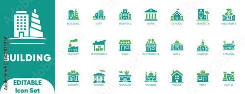 Building editable solid icon set.City, Hospital, School,Home,library,bank,and Vector.