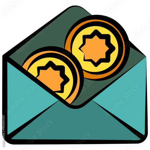 Eid Envelope Outline Color Hand Drawn Icon, Mini Illustration For Modern Concept, Print, Ui, Ux Kit, Web And App Development. Vector Related To Ramadan, Eid Al-Fitr, Eid Al-Adha And More