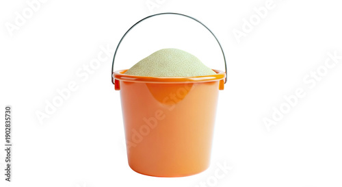 Orange bucket filled with sand on a white background