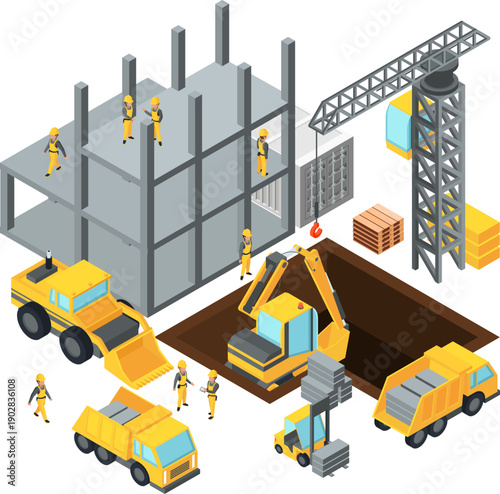 Construction site isometric illustration. Industrial heavy machines