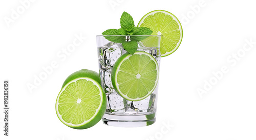 Refreshing Drink with Lime, Mint, and Ice Cubes