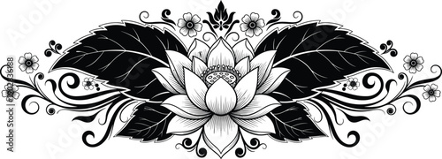 Elegant black and white lotus flower horizontal divider with decorative floral scrolls and symmetrical lily leaves for luxury wedding stationery,