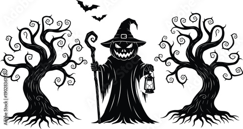 Halloween silhouette set with creepy pumpkin head scarecrow wearing witch hat, spooky dead trees with gnarled branches, and flying bats,