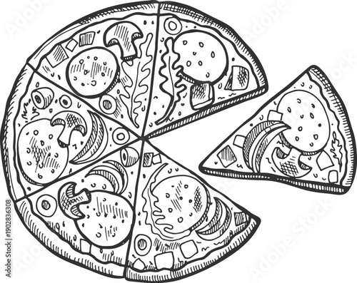 Pizza sketch. Sliced hot fast food drawing