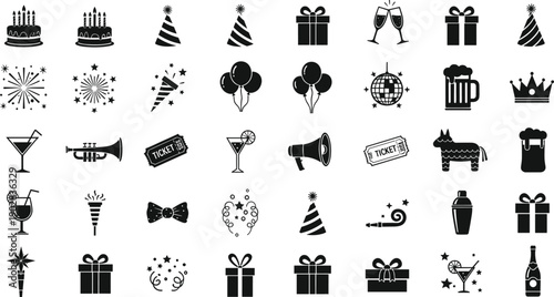 Large collection of celebration party and event line icons including birthday cake, balloons, gifts, disco balls, cocktails, tickets and fireworks.