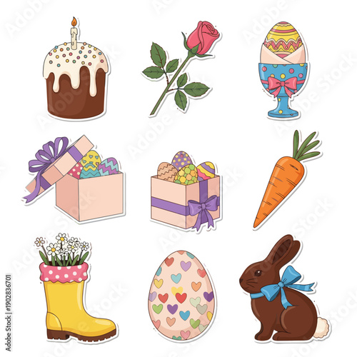Easter Sticker Set with Chocolate Bunny, Gift Box, Kulich Cake, Carrot, Rose, and Yellow Rain Boot with Daisies, Cute Vector Illustration Isolated on White Background for Holiday Decor Design