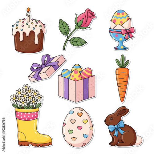 Easter Sticker Set with Chocolate Bunny, Gift Box, Kulich Cake, Carrot, Rose, and Yellow Rain Boot with Daisies, Cute Vector Illustration Isolated on White Background for Holiday Decor Design