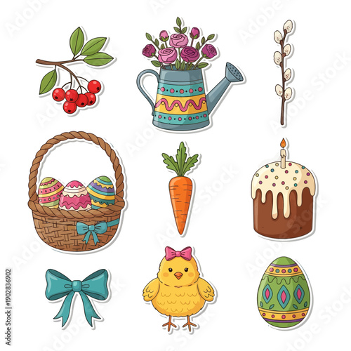 Cute Easter Sticker Set with Basket of Eggs, Chick, Watering Can with Roses, Kulich Cake, and Spring Botanical Elements, Flat Vector Illustration Isolated on White for DIY Holiday Design