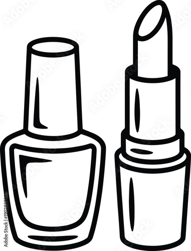 A bottle of nail polish and an open tube of lipstick, Nail polish bottle and a tube of lipstick outline silhouette vector, Black nail polish bottle and lipstick outline cosmetic