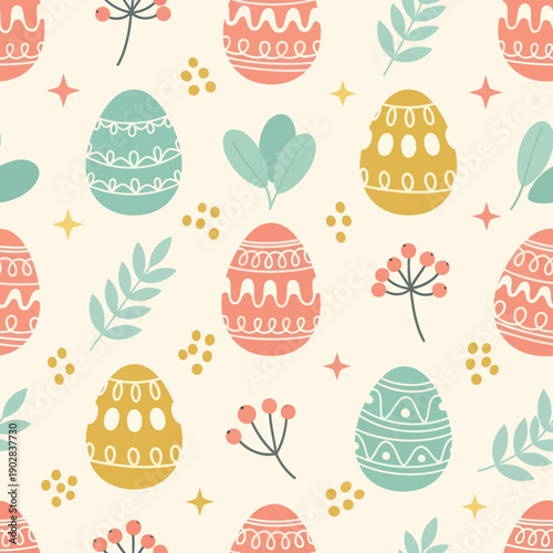 Seamless Pattern with Colorful Easter Eggs, Spring Leaves, and Berries on Cream Background, Elegant Vector Texture for Textile, Wrapping Paper, Wallpaper, and Holiday Decor Design