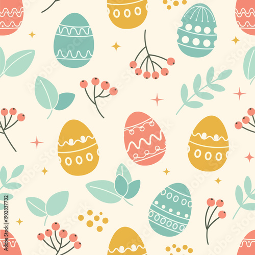 Seamless Pattern with Colorful Easter Eggs, Spring Leaves, and Berries on Cream Background, Elegant Vector Texture for Textile, Wrapping Paper, Wallpaper, and Holiday Decor Design