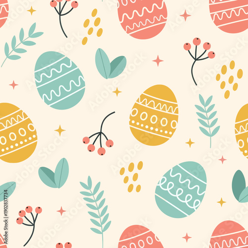 Seamless Pattern with Colorful Easter Eggs, Spring Leaves, and Berries on Cream Background, Elegant Vector Texture for Textile, Wrapping Paper, Wallpaper, and Holiday Decor Design