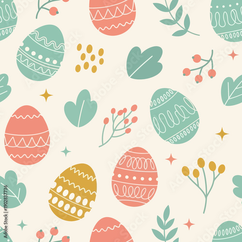 Seamless Pattern with Colorful Easter Eggs, Spring Leaves, and Berries on Cream Background, Elegant Vector Texture for Textile, Wrapping Paper, Wallpaper, and Holiday Decor Design