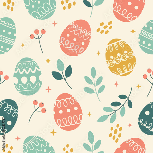 Seamless Pattern with Colorful Easter Eggs, Spring Leaves, and Berries on Cream Background, Elegant Vector Texture for Textile, Wrapping Paper, Wallpaper, and Holiday Decor Design