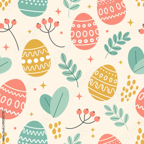 Seamless Pattern with Colorful Easter Eggs, Spring Leaves, and Berries on Cream Background, Elegant Vector Texture for Textile, Wrapping Paper, Wallpaper, and Holiday Decor Design