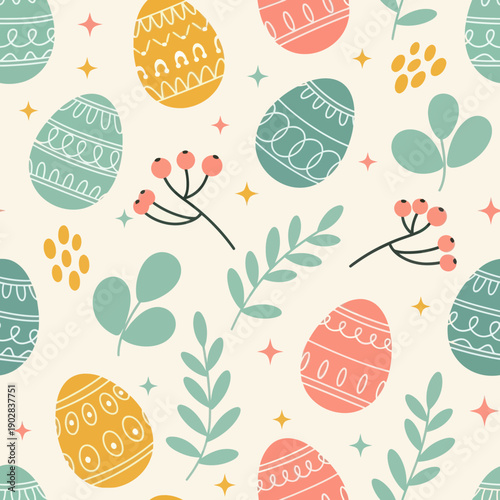 Seamless Pattern with Colorful Easter Eggs, Spring Leaves, and Berries on Cream Background, Elegant Vector Texture for Textile, Wrapping Paper, Wallpaper, and Holiday Decor Design