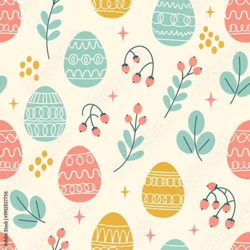Seamless Pattern with Colorful Easter Eggs, Spring Leaves, and Berries on Cream Background, Elegant Vector Texture for Textile, Wrapping Paper, Wallpaper, and Holiday Decor Design