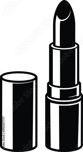 Lipstick tube with cap black silhouette icon, Classic lipstick bullet in open tube vector silhouette, Luxury lipstick cosmetic tube black silhouette, Cosmetic makeup product container symbol