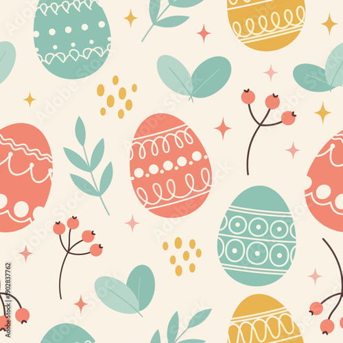 Seamless Pattern with Colorful Easter Eggs, Spring Leaves, and Berries on Cream Background, Elegant Vector Texture for Textile, Wrapping Paper, Wallpaper, and Holiday Decor Design