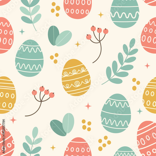 Seamless Pattern with Colorful Easter Eggs, Spring Leaves, and Berries on Cream Background, Elegant Vector Texture for Textile, Wrapping Paper, Wallpaper, and Holiday Decor Design