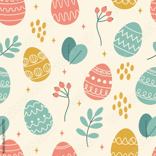 Seamless Pattern with Colorful Easter Eggs, Spring Leaves, and Berries on Cream Background, Elegant Vector Texture for Textile, Wrapping Paper, Wallpaper, and Holiday Decor Design