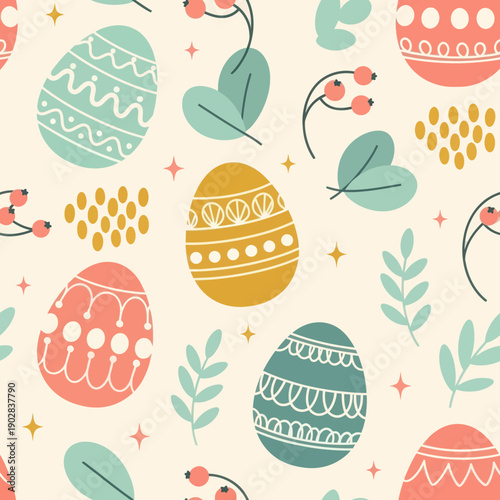 Seamless Pattern with Colorful Easter Eggs, Spring Leaves, and Berries on Cream Background, Elegant Vector Texture for Textile, Wrapping Paper, Wallpaper, and Holiday Decor Design