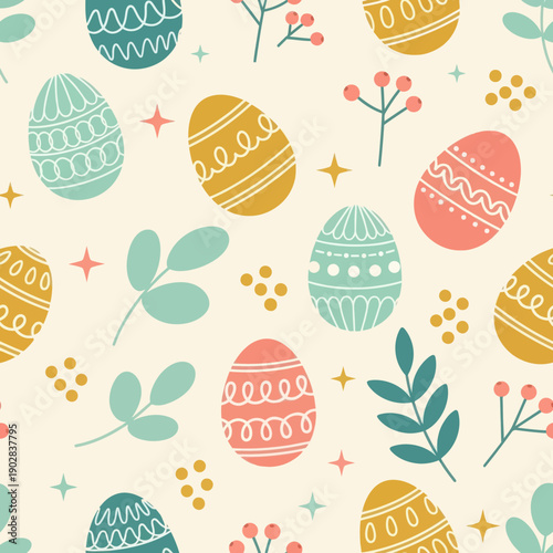 Seamless Pattern with Colorful Easter Eggs, Spring Leaves, and Berries on Cream Background, Elegant Vector Texture for Textile, Wrapping Paper, Wallpaper, and Holiday Decor Design