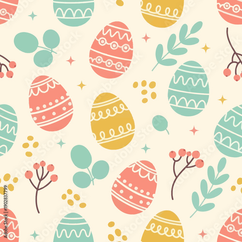 Seamless Pattern with Colorful Easter Eggs, Spring Leaves, and Berries on Cream Background, Elegant Vector Texture for Textile, Wrapping Paper, Wallpaper, and Holiday Decor Design