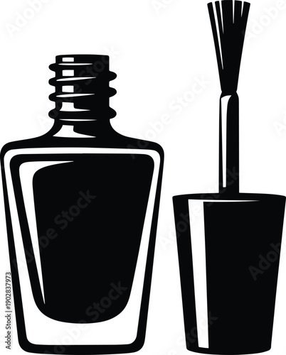 Open nail polish bottle with a brush vector silhouette, Minimal black nail polish bottle and brush, Elegant nail polish bottle with brush, Minimal black vector silhouette of a nail polish bottle 