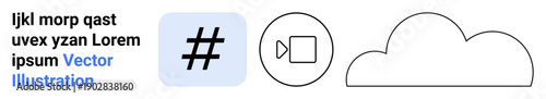 Cloud shape, metadata tag in box, video camera icon, and placeholder text. Ideal for communication, social media, cloud computing, digital strategy, video creation tech branding simple landing page