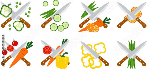 Set of eight stylized illustrations depicting crossed chef knives surrounded by various freshly chopped vegetables and fruits against a black background representing food preparation concepts.