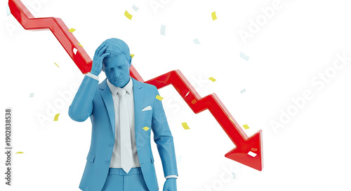 Man in Blue Suit with Downward Red Arrow and Confetti