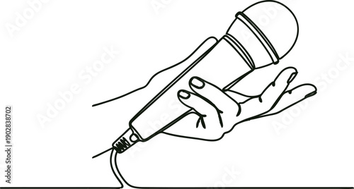 Line drawing of a hand holding a microphone with a cord  isolated on transparent background
