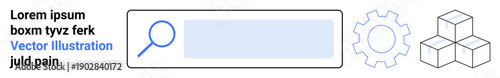 Technology, data processing, software development, innovation, digital solutions, conceptual design. Magnifying glass search bar, gear icon cube stack graphic. Technology and data processing
