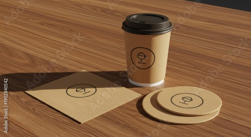 Coffee Cup Napkin and Coasters Mockup on Wood