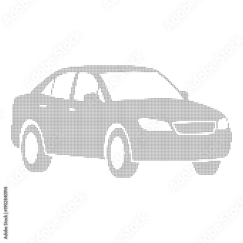Black and white dotted outline of a compact hatchback car side view dots