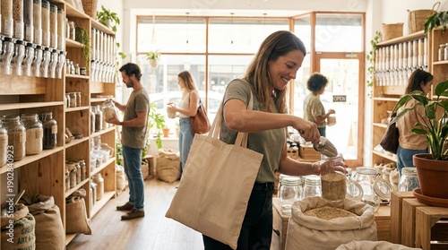 Person Refilling Glass Jar with Grains at Zero Waste Bulk Store