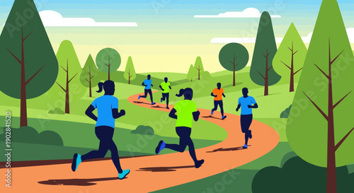 Group of Joggers Running in Green Park with Trees
