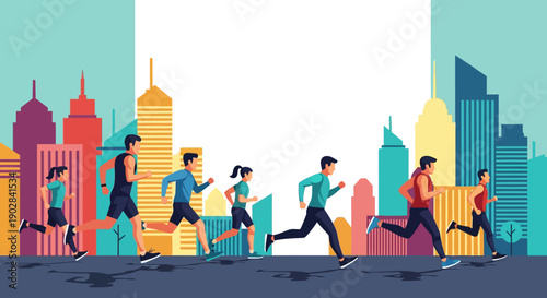 Dynamic City Running Crowd - Urban Lifestyle and Fitness