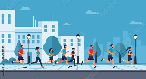 Group of Active People Jogging in Urban Park Scene