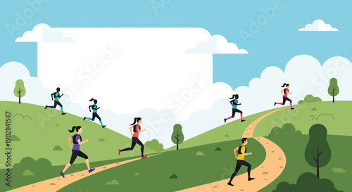 Group of People Running on a Scenic Trail in Nature