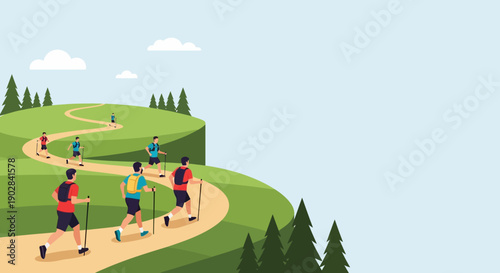 People Running on a Scenic Trail Through Forested Hills