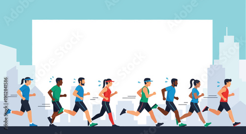 Group of Running People in Urban Environment Illustration