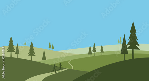 Scenic landscape with rolling hills and evergreen trees