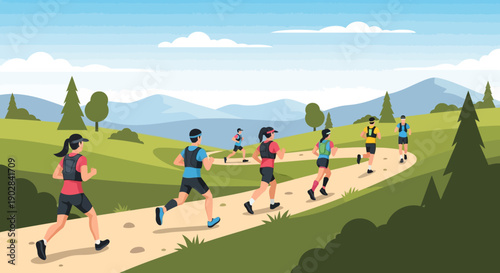 Group of Diverse People Running on Scenic Mountain Trail