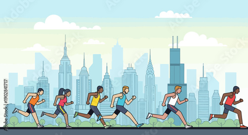 Running race with diverse runners in city park with skyline backdrop