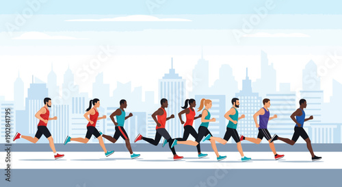 Group of Diverse Runners in Action on City Track